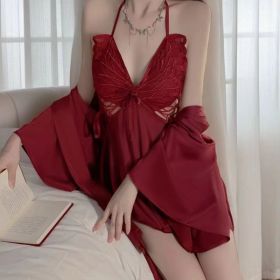 Lingerie Sexy Women's Nightdress Butterfly Halter Temptation Pajamas Sets (Option: Satin Wine Red-Average Size)