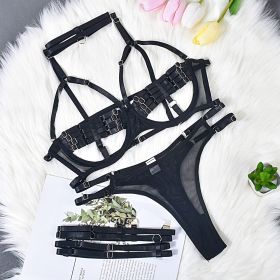 Sexy Lingerie Complex Interwoven Push Up Heavy Industry Four-piece Leg Ring (Option: Black-S)