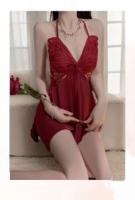 Lingerie Sexy Women's Nightdress Butterfly Halter Temptation Pajamas Sets (Option: Mesh Wine Red-Average Size)