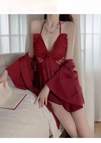 Lingerie Sexy Women's Nightdress Butterfly Halter Temptation Pajamas Sets (Option: Outerwear Gown Wine Red-Average Size)