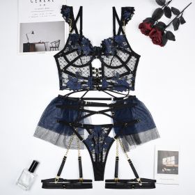 Heavy Industry Chain Mesh Stitching Sexy Lingerie Four-piece Set (Option: Blue Black-S)