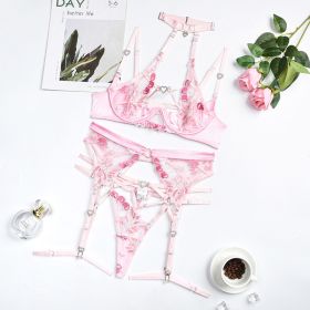 Summer New Complex Craft Love Drill Buckle  Cutout Embroidery Halter Underwear Set (Option: Pink-S)