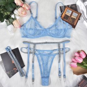 Women's Underwear Lace Three-point Rhinestone Leg Ring Three-piece Set (Option: Light Blue-S)