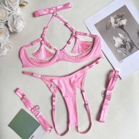 Tassel Underwear Steel Ring Mesh Underwear Suit Sexy Kit (Option: Pink-S)