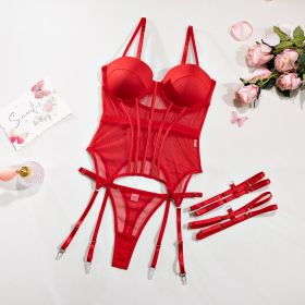 Polyester Comfortable Mesh Breathable Body Shaping Two-piece Suits Steel Ring Push Up With Leg Ring (Option: Red-S)