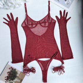 Sexy Seduction Mesh Tied Dress Outer Bra Set (Option: Wine Red-S)