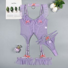 High Quality 4 Pieces Mesh Girls Sexy Lingerie Sets (Option: Light Purple-S)