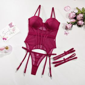 Polyester Comfortable Mesh Breathable Body Shaping Two-piece Suits Steel Ring Push Up With Leg Ring (Option: Wine Red-S)