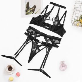 Summer New Complex Craft Love Drill Buckle  Cutout Embroidery Halter Underwear Set (Option: Black-M)