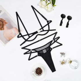 New Three-point Bra Set European And American Mesh Lingerie Three-piece Set For Women (Option: Black-M)