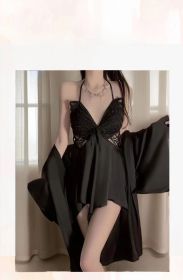 Lingerie Sexy Women's Nightdress Butterfly Halter Temptation Pajamas Sets (Option: Outerwear Gown Black-Average Size)