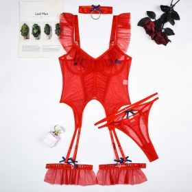 High Quality 4 Pieces Mesh Girls Sexy Lingerie Sets (Option: Red-XL)