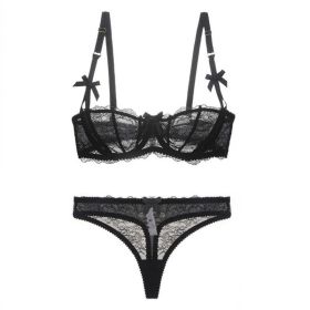 Half Cup Lace Ultra-thin Bra Set Bow With T-back (Option: Black-75A)